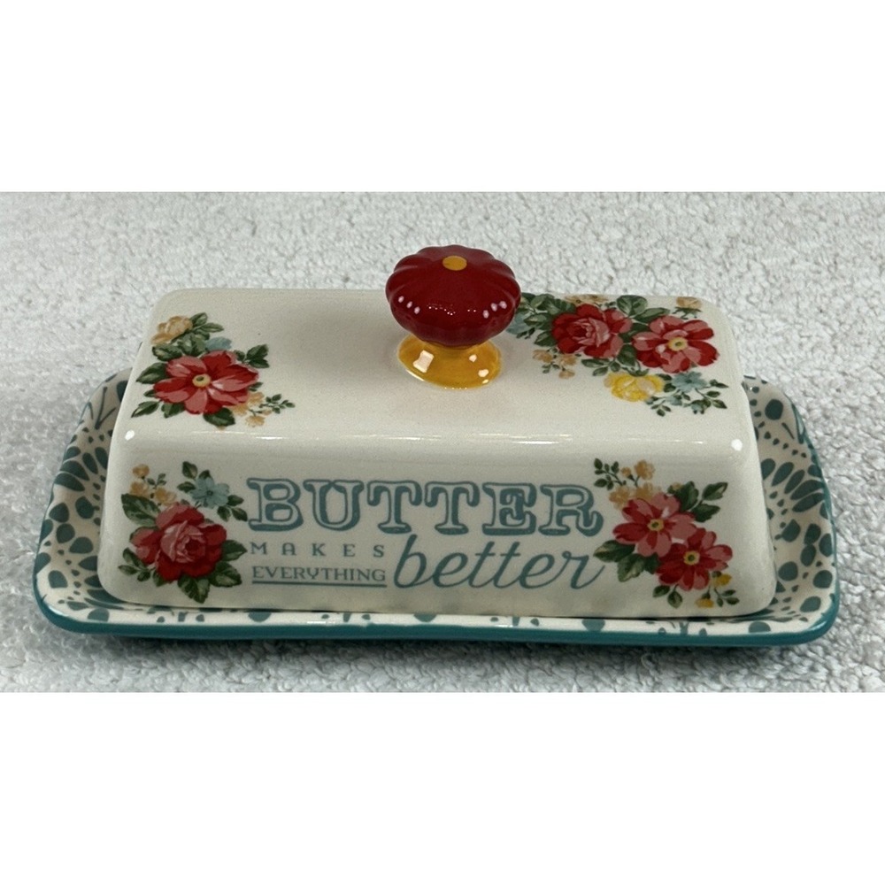 Pioneer Woman Single Stick Butter Dish Vintage Floral Stoneware Teal Red Ivory